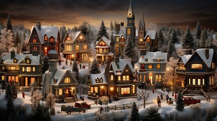 Naklejka premium A festive Christmas village adorned with charming houses and trees, creating a delightful holiday scene.
