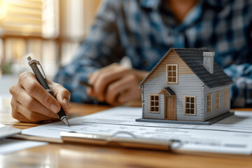 Fototapeta premium Real Estate Agent and Customer Signing House Purchase Contract with Model Home on Desk, Mortgage Loan Agreement, Real Estate Transaction