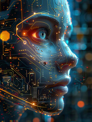 Artificial Intelligence, close-up of the face of an AI robot woman made up with circuitry and microchips in her head