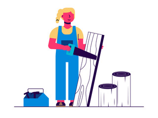 Woman carpenter sawing wood. Art studio vector illustration