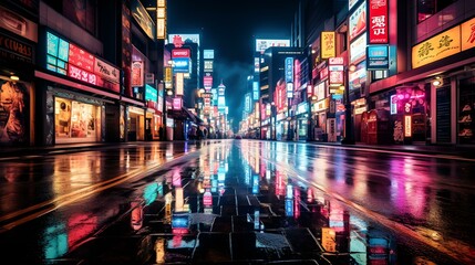 A rainy night scene with colorful neon signs reflecting on the wet street.