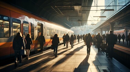 A group of commuters walking on a platform next to a train, preparing to board the train.