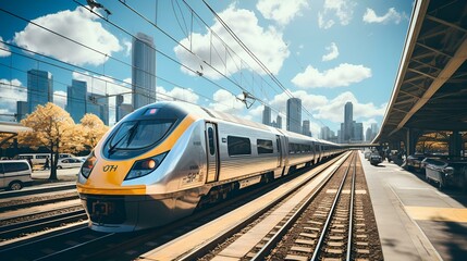 Fototapeta premium A train moving along the tracks in a bustling city, surrounded by buildings and urban scenery.