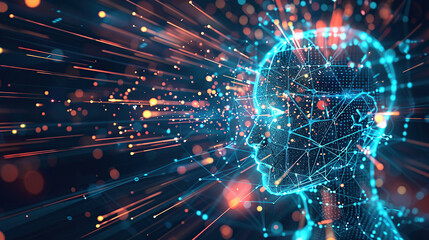 Digital background featuring an AI head with glowing lines and light effects