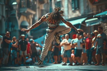 Energetic street dancer performing a jump surrounded by a crowd. Concept of urban culture, music, youth, and entertainment.