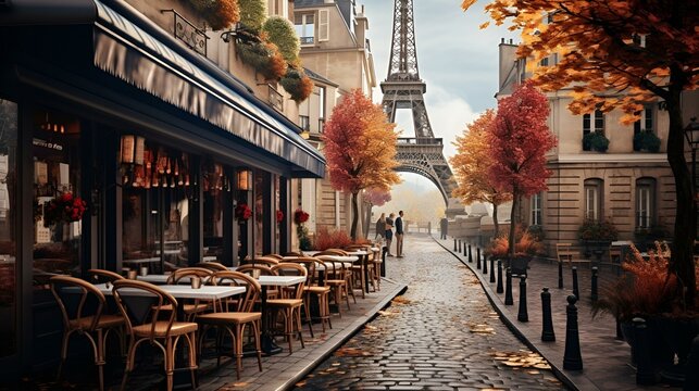 Fototapeta Outdoor cafe tables and chairs line a charming street with the iconic Eiffel Tower in the background.