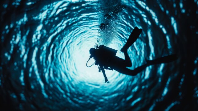A scuba diver silhouetted against sunlight, descending into the deep blue ocean, surrounded by a stunning underwater vortex. - Powered by Adobe