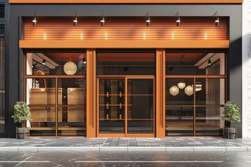 Shop front with a brown door.