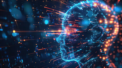 Obraz premium Digital background featuring an AI head with glowing lines and light effects