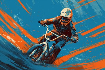 Fototapeta premium BMX rider illustration with a blue and orange background.