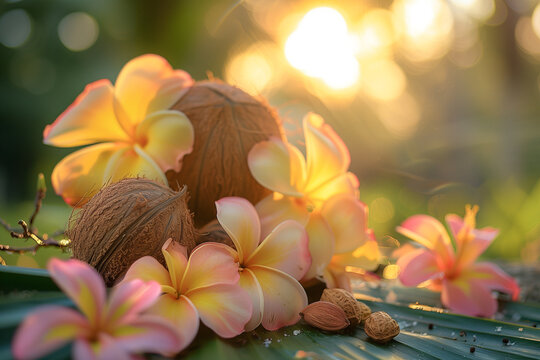 frangipani flowers and coconut on the beach