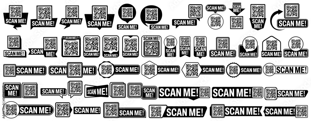 Poster set collections qr codes with scan me icon. inscription barcode scan labels. qr code for payment and