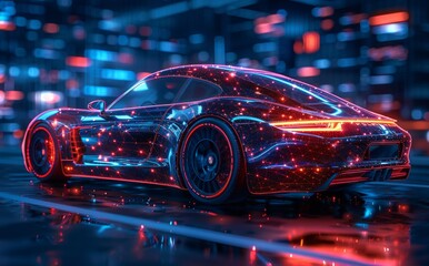 A car in motion with transparent digital elements.