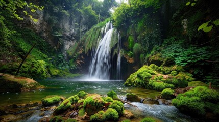 A hidden waterfall in a secluded forest, surrounded by moss-covered rocks and vibrant green foliage