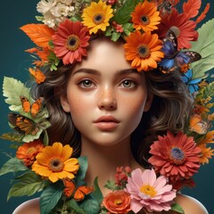 Woman with Flowers and Butterflies.