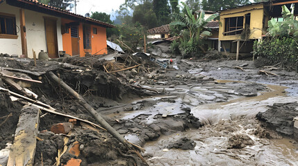 Houses destroyed by debris flow in rainstorm