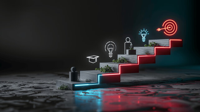 3D Steps Illustration: Business Success Path with Educational and Career Icons