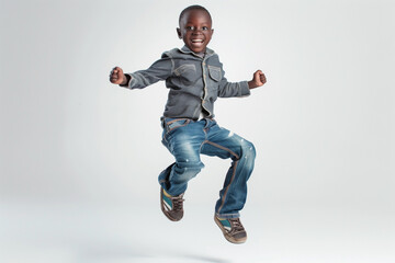 african american boy jumping over white background