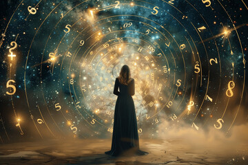 Surreal Woman in Galactic Universe with Magic Numbers Surrounded by Stars and Light