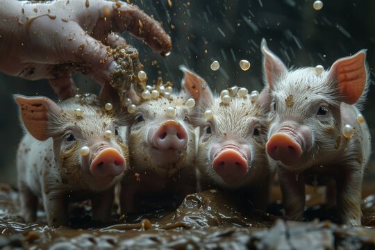Swine with pearls. An illustrative representation showing valuable pearls given to pigs, symbolizing the futility of offering precious things to those who do not understand their value. Bible story.
