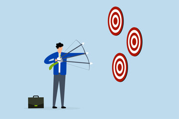 multiple purpose strategy, businessman aims several arrows at three targets.