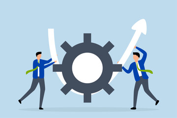 Business transformation, business partner helps turn  tool so that arrow is up.