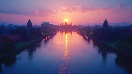 Naklejka premium In the quiet moments before dawn, the majestic silhouette of Angkor Wat is reflected in the still waters of the surrounding moat, a timeless symbol of Cambodia's enduring spirit.