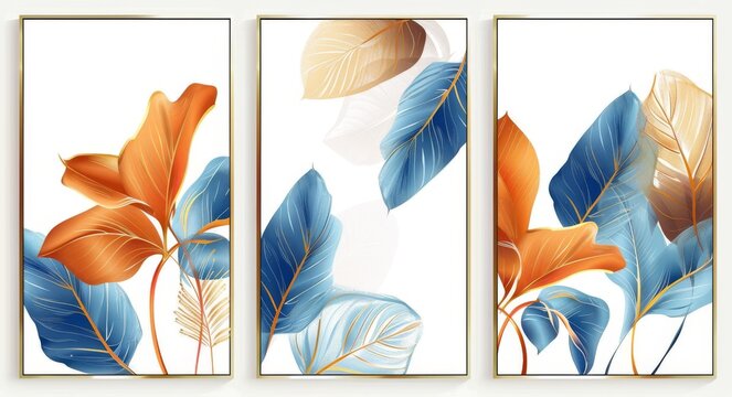 Art with three panels of blue and orange flowers and leaves.