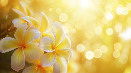 Yellow background with beautiful frangipani flowers.