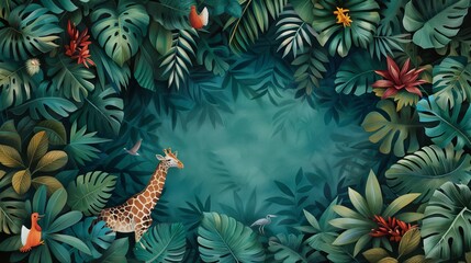 Naklejka premium A whimsical jungle scene featuring a giraffe among lush foliage and vibrant flowers, evoking a sense of adventure and natural beauty.
