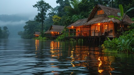 Fototapeta premium In the remote village of Chi Phat, travelers embark on eco-friendly adventures, exploring the lush jungles and pristine waterways.