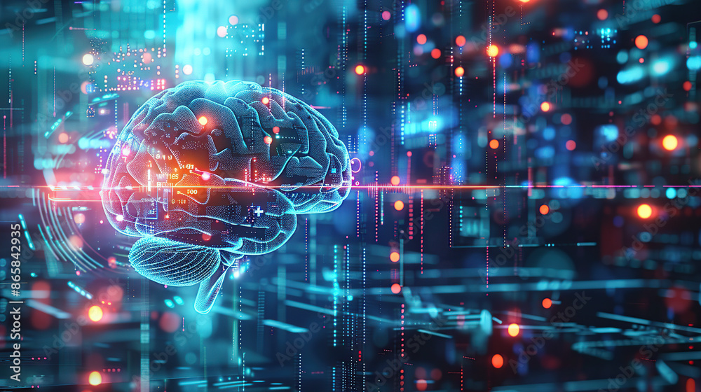 Wall mural digital brain in futuristic background with glowing elements and holographic interface, symbolizing 
