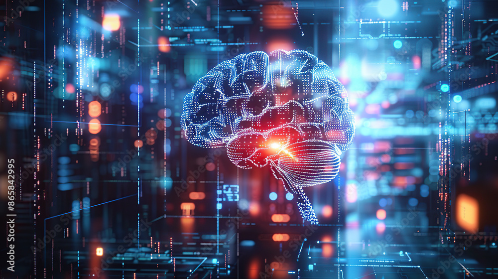 Wall mural digital brain in futuristic background with glowing elements and holographic interface, symbolizing 