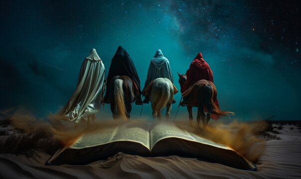 An open Bible with four horsemen riding out of the pages.