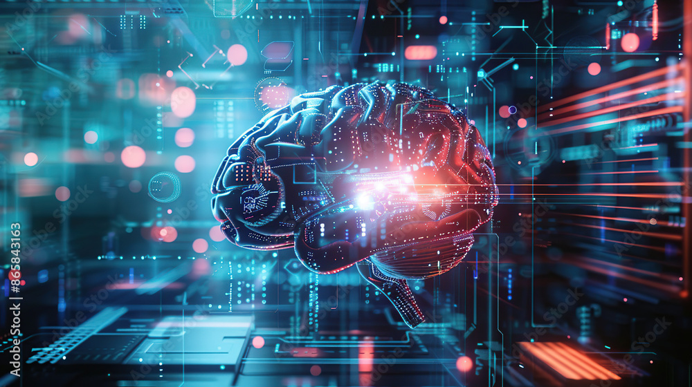 Wall mural digital brain in futuristic background with glowing elements and holographic interface, symbolizing 