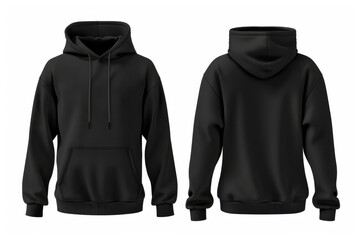 Black hoodie template, front and back view, isolated on white background. 