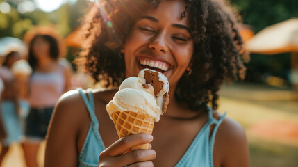 Ice Cream Social - People of all sizes enjoying ice cream cones in the park, body positive, summer, hd, sweet with copy space