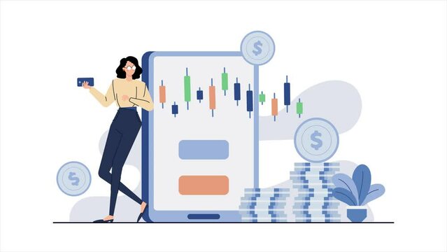 businesswoman invest to stock market animated illustration video