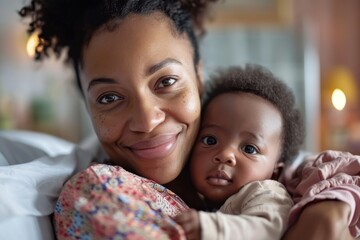 Fototapeta premium African mother with newborn baby in hospital bed.