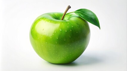 Green apple with a leaf, set against a clean white background