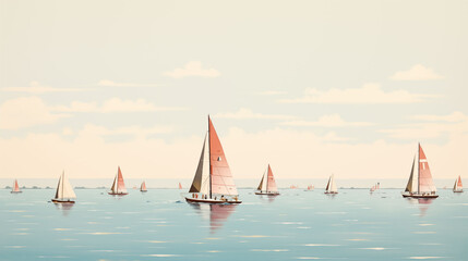 Obraz premium A 1970s sailboat race with retro boats and sailors in classic summer attire, set against the backdrop of a sparkling sea