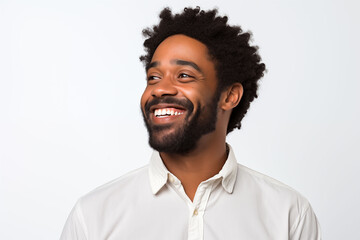Obraz premium A close-up of a man expressing pride, with a confident smile and upright posture, on a clear white background