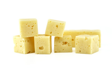 Stack of Swiss cheese cubes isolated on white background