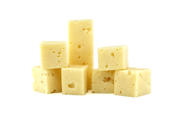 Stack of Swiss cheese cubes isolated on white background