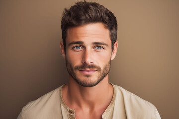 Fototapeta premium A man displaying quiet introspection, with a gentle smile and soft eyes, against a smooth beige background