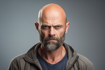 Obraz premium A man displaying confusion, with a furrowed brow and tilted head, against a clean, neutral background