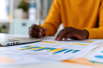 female accountant's hands at desk using chart for financial reporting in office business finance concept. Generative AI