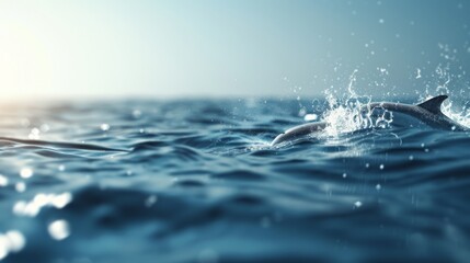 Bright sunlight shines on the ocean surface as dolphins leap energetically through the water, creating splashes and waves.