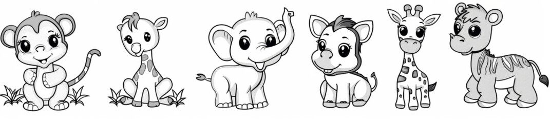 Obraz premium Cute Cartoon Jungle Animals Coloring Page - Elephant, Zebra, Giraffe, Monkey, Gazelle - Kids Friendly Line Art