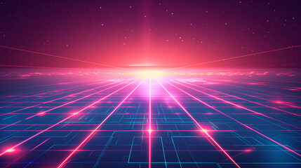 Retro-futuristic background with glowing neon grids and perspective effects
